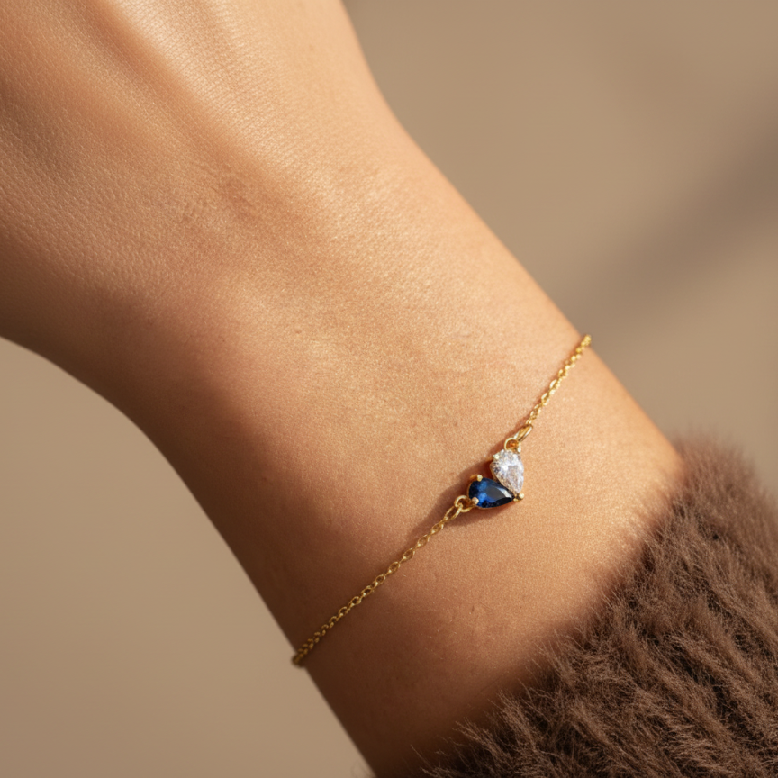 Minimalist Double Heart Birthstone Bracelet – Dainty Gold Chain Jewelry