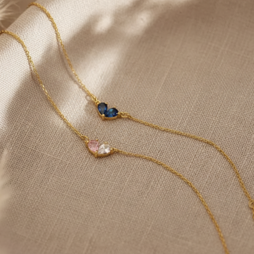 Minimalist Double Heart Birthstone Bracelet – Dainty Gold Chain Jewelry
