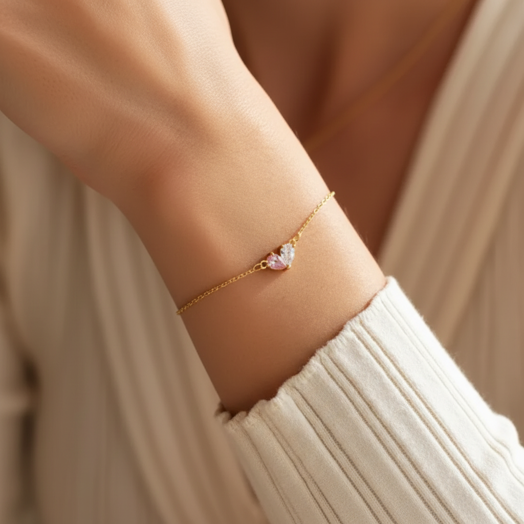 Minimalist Double Heart Birthstone Bracelet – Dainty Gold Chain Jewelry