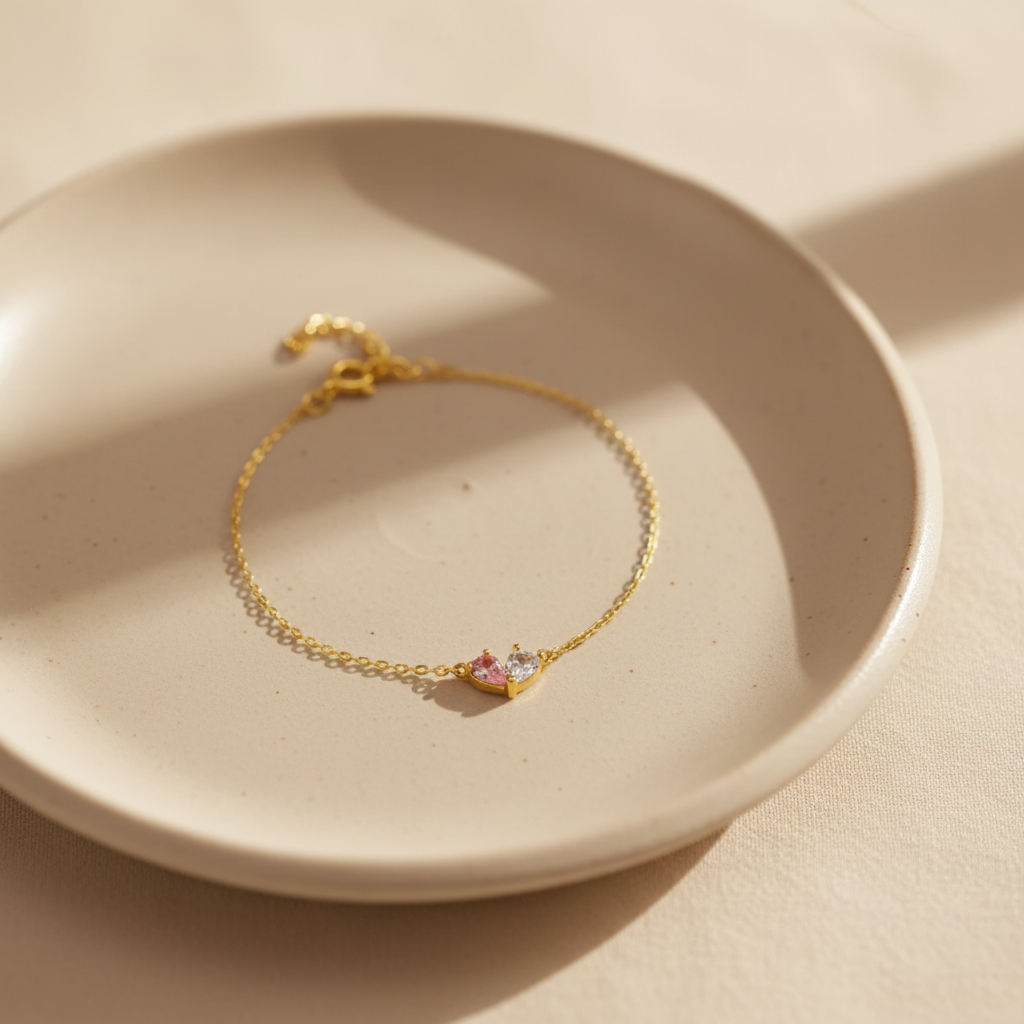 Minimalist Double Heart Birthstone Bracelet – Dainty Gold Chain Jewelry