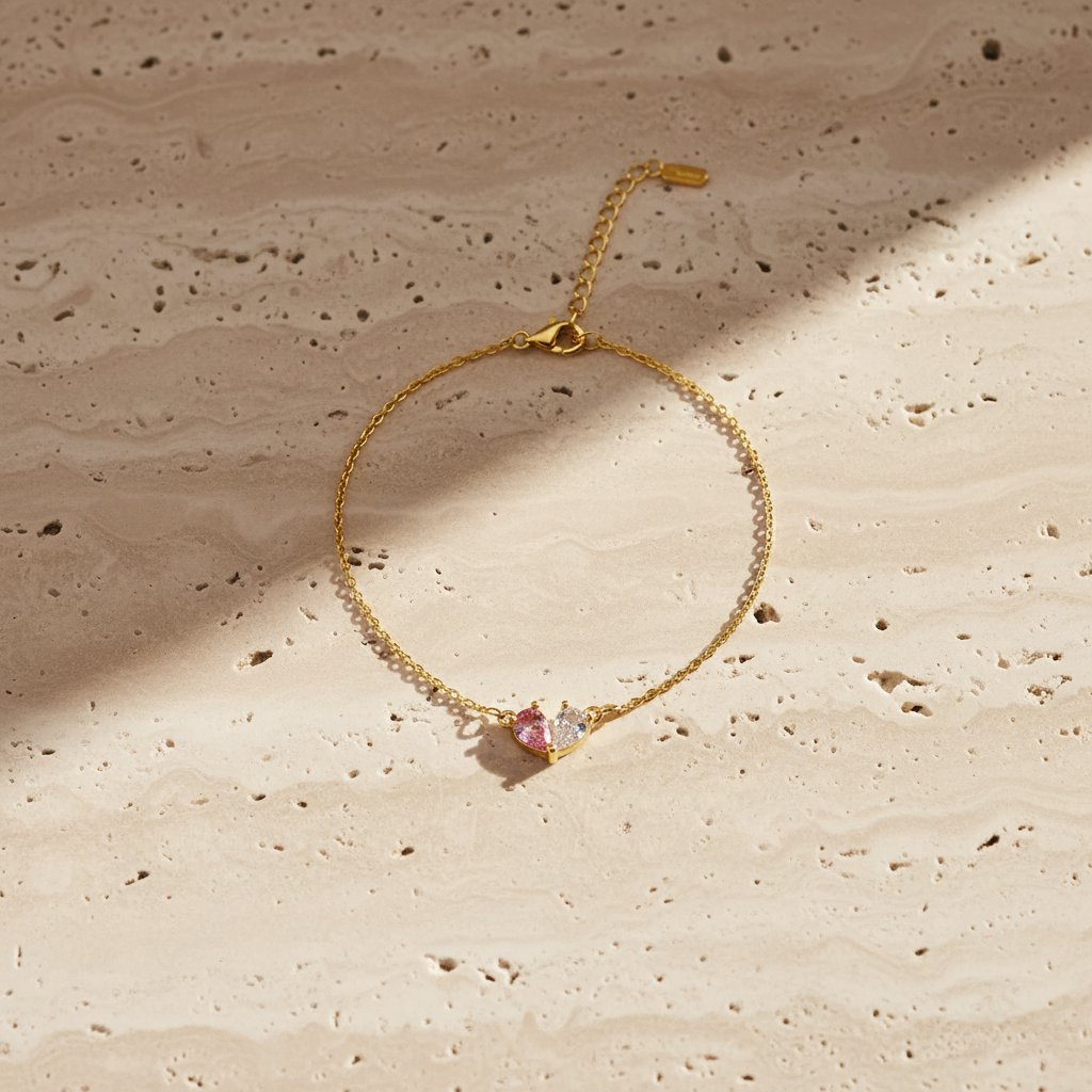 Minimalist Double Heart Birthstone Bracelet – Dainty Gold Chain Jewelry