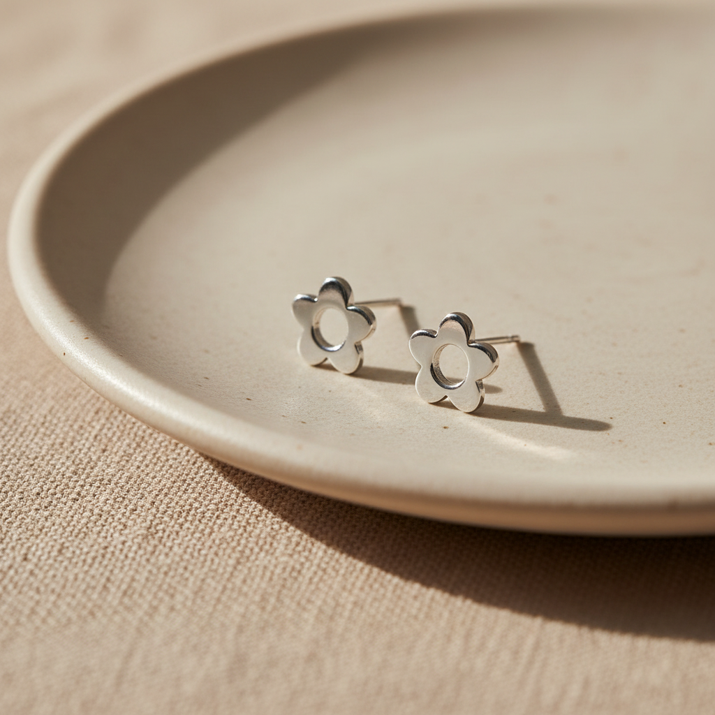 Minimalist 925 Sterling Silver Flower Stud Earrings – Dainty Everyday Floral Jewelry