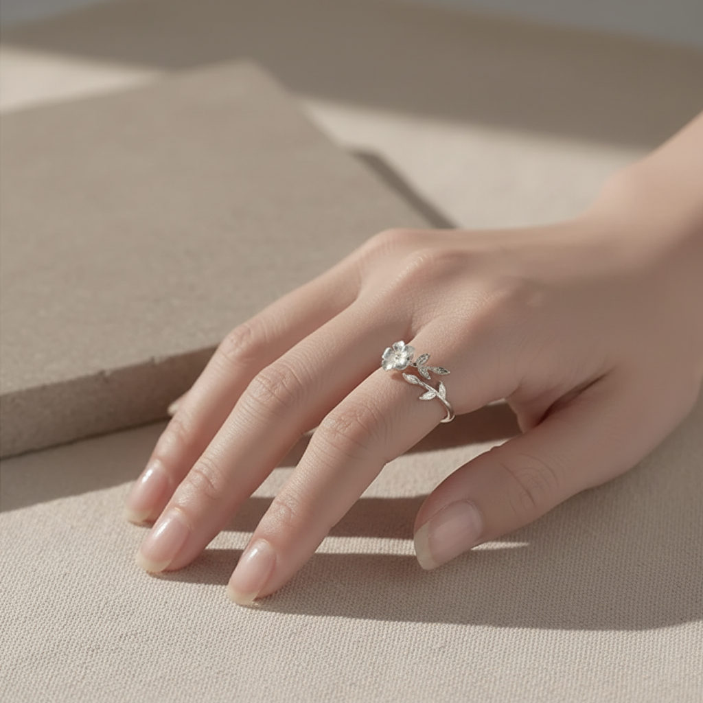 Minimalist Flower Leaf Ring in 925 Sterling Silver – Adjustable Women’s Ring