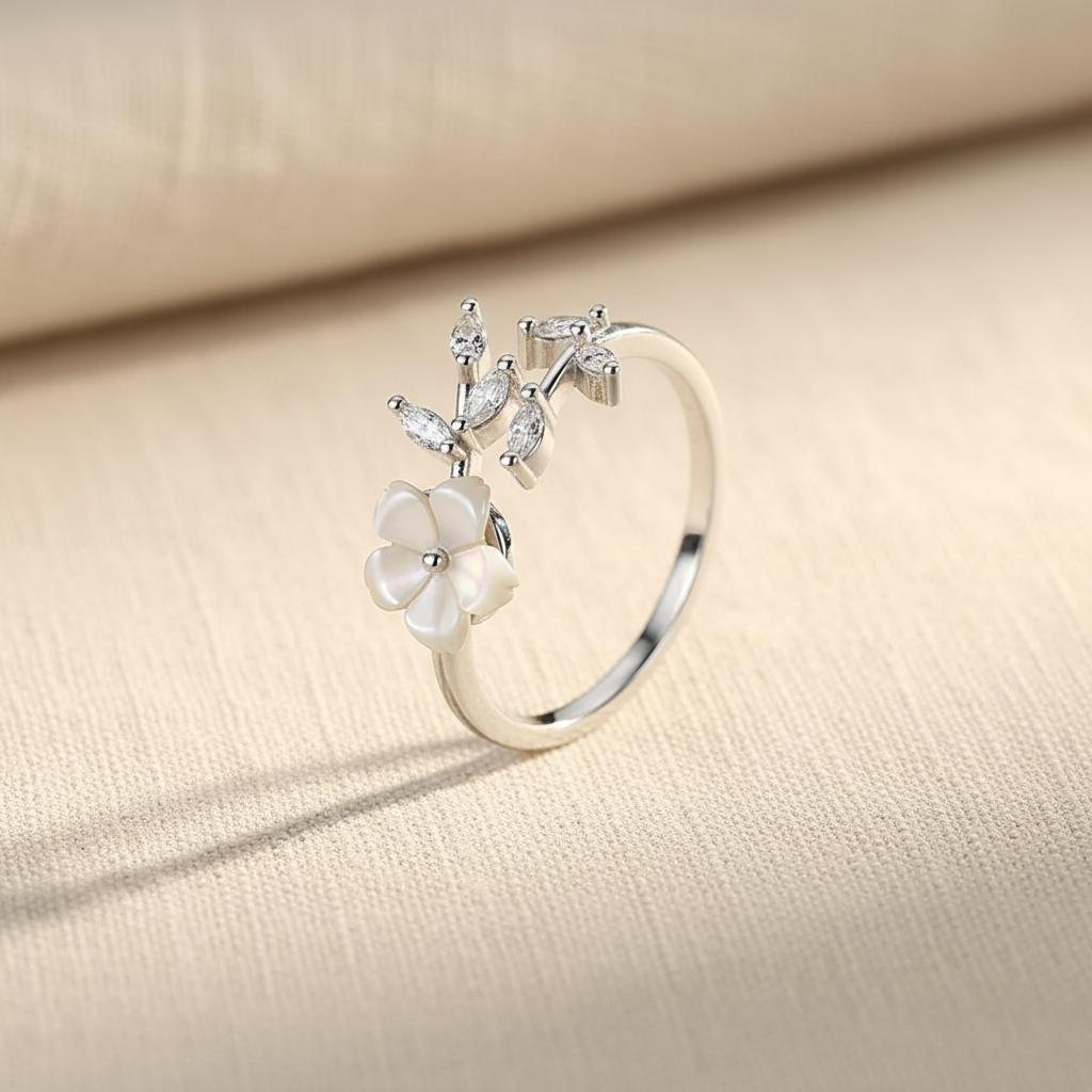 Minimalist Flower Leaf Ring in 925 Sterling Silver – Adjustable Women’s Ring