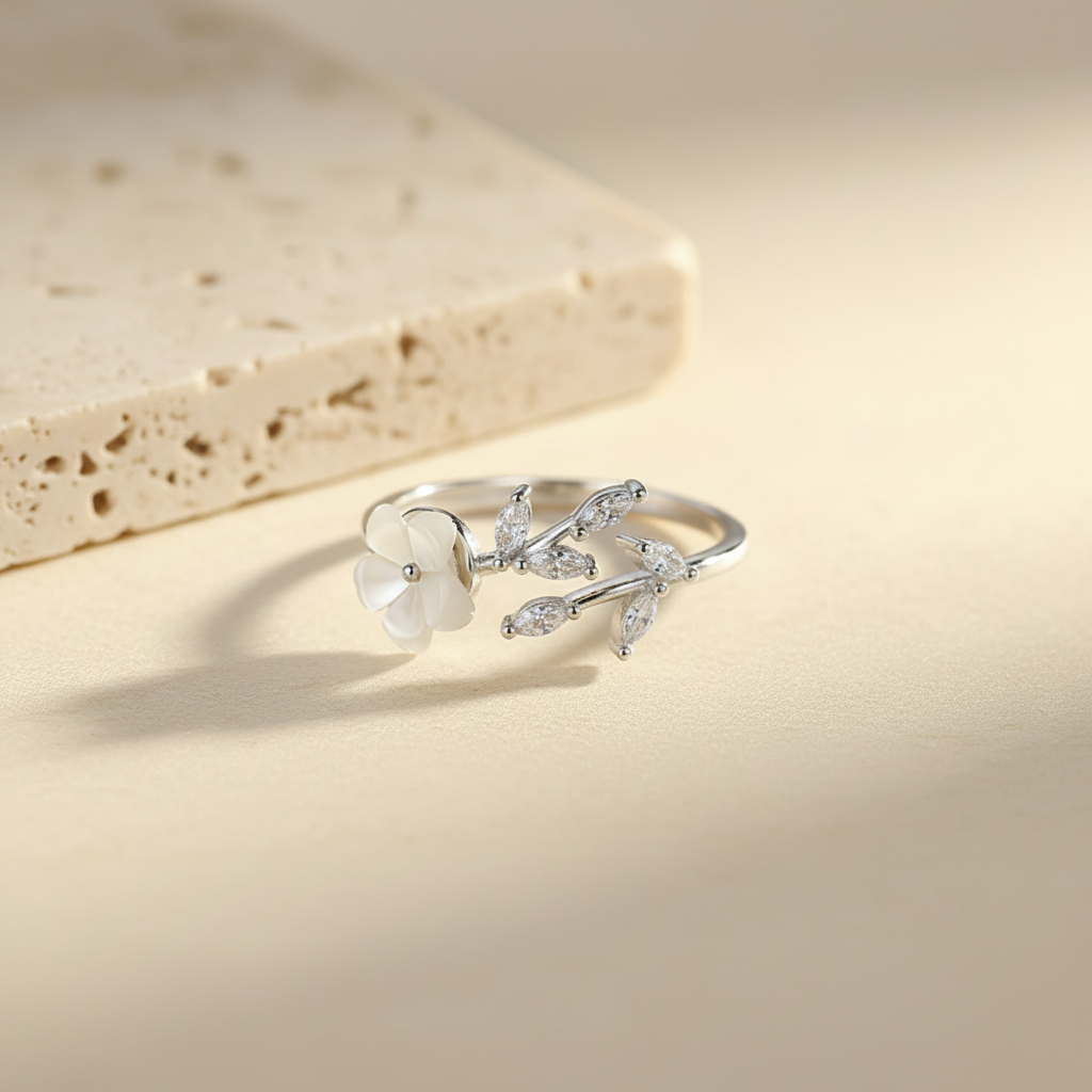 Minimalist Flower Leaf Ring in 925 Sterling Silver – Adjustable Women’s Ring